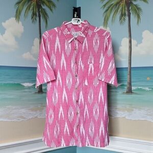 One World Brothers Pink Ikat Pattern Shirt, Coconut Buttons, Mens Size Medium